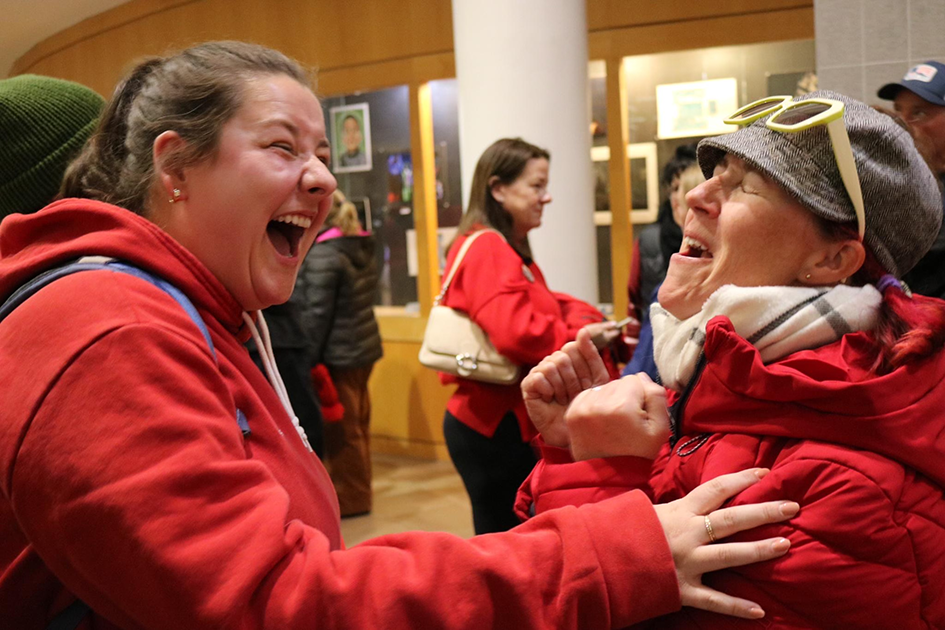 MEA members Victoria Wyard and Dana Trudeau celebrating their local’s contract victory. 